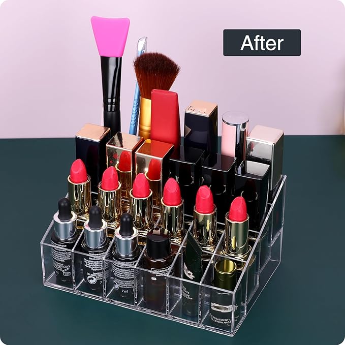 MOSIKER Lipstick Organizer,Small Clear Plastic Compact Lip Gloss Chapstick Perfume Sample Mascara Holder with 24 Slots