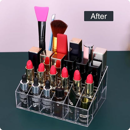 MOSIKER Lipstick Organizer,Small Clear Plastic Compact Lip Gloss Chapstick Perfume Sample Mascara Holder with 24 Slots
