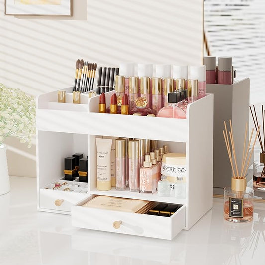 Large Makeup Organizer with Drawers, Bamboo Countertop Cosmetic Storage for Dresser Vanity Organizer Beauty Desk Skincare Holders Container Make Up Organizing for Lipstick