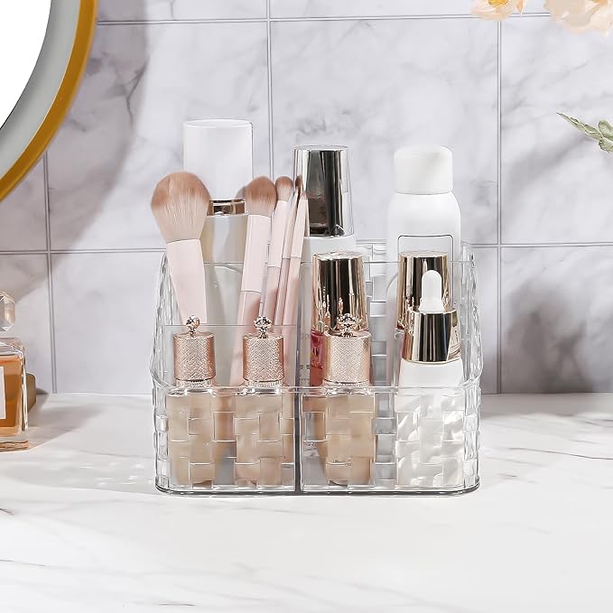 DASITON Makeup Brush Holder Organizer, 4 Slots Acrylic Makeup Brushes Storage Cup, Woven Texture Make Up Brush Holder for Vanity Bathroom Office, Pen Holder for Desk, Cosmetic Display Cases (Clear L)