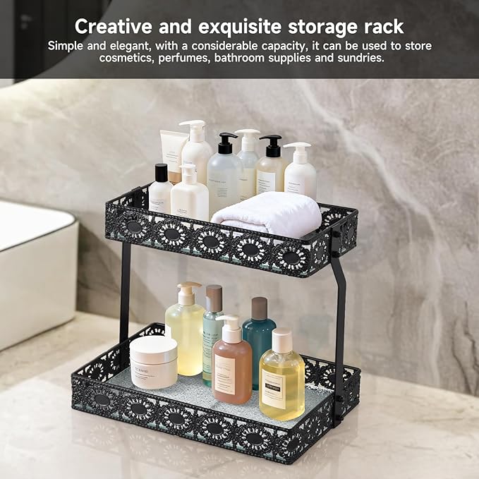 xiaojuande-Two Layer Glass Storage Tray with Portable Dressing Table Skin Care Product Organization Rack Corner Storage Rack for Bathroom Counter High-end Light - (Black)