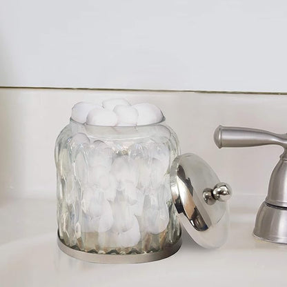 nu steel Glacier Rainbow Q tip Holder, Bathroom Vanity Glass Storage Organiser Canister, Apothecary Jar for Cotton Swabs, Round Cotton Balls, Rainbow Lustre Finish