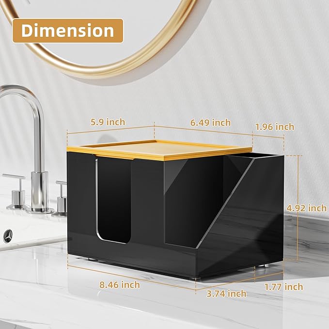 VITVITI Disposable Face Towel Holder Box, Acrylic Clean Skin Club Facial Towel Container with Toothbrush Holders, Large Disposable Face Towels Storage for Bathroom Vanity Makeup, Black