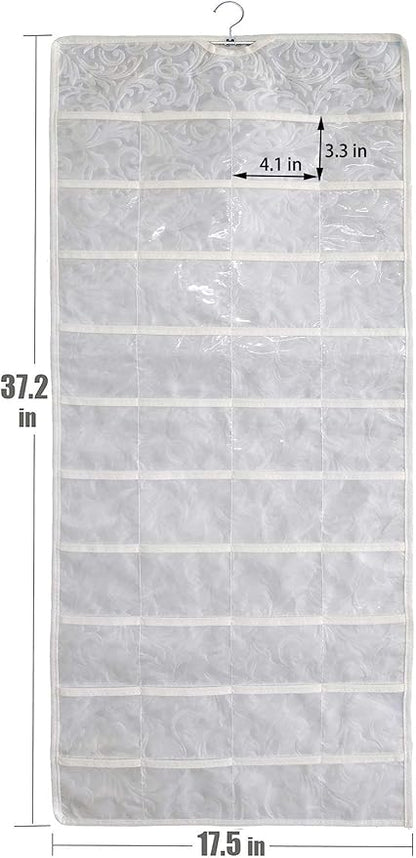 BB Brotrade Hanging Jewelry Organizer,Double Sided Jewelry Storage Organizer with Embossed Pattern,80 Clear PVC Pockets Organizer for Holding Jewelries (White)