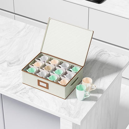 Aokeyee 2-Pack Cup & Mug Storage Box with Dividers, Hard Shell Organizer with Lid, Handles, Zippers & Label Slot, Holds 24 Mugs, Teacups & Glasses, Stackable Containerfor Moving & Protection, Ivory