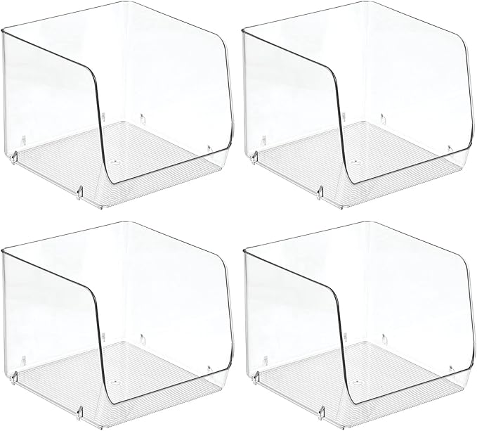 mDesign Modern Stackable Plastic Open Front Dip Storage Organizer Bin Basket for Kitchen Organization - Shelf, Cupboard, Cabinet, and Pantry Organizing Decor - Ligne Collection - 4 Pack - Clear