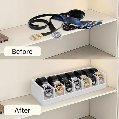 Belt Organizer for Drawer - Bamboo Belt Storage Organizer | Belt Rack for Closet Wall Mount Men Women Tie Sock Bra Scarf Ribbon(White, 7 Grids)