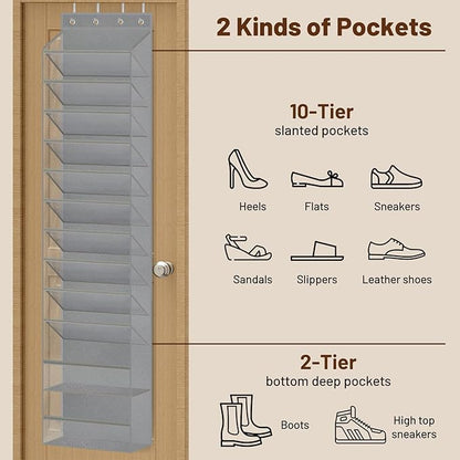 MISSLO 12 Tier Over the Door Shoe Organizer Breathable Mesh Hanging Shoe Rack for Closet Storage Shoe Holder for Door Fit 24 Pairs Sandals, Heels, Boots (Grey)