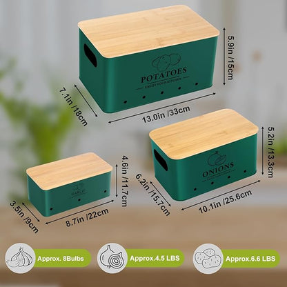 Kitchen Vegetable Storage Set of 3, Metal Onion Garlic Potato Storage Set, Kitchen Canisters Vegetable Keeper Containers with Aerating Holes and Wooden Lid (Alpine Green)