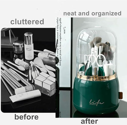 360 Rotating Makeup Brush Holder with Lid,Clear Dustproof Make Up Organizers for Vanity Countertop,Includes a Foldable Bowl for Cleaning Makeup Brush,Transparent, Dustproof-Green