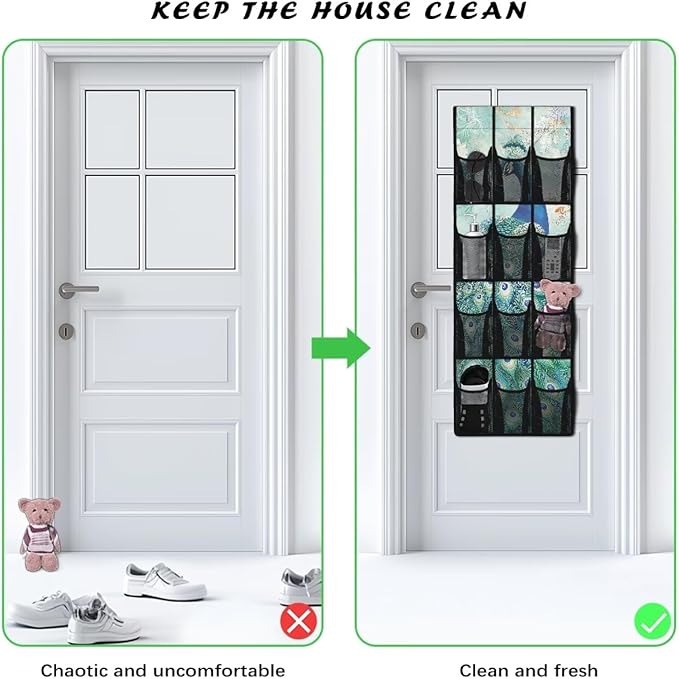 Over The Door Organizer Hanging, Behind The Door Storage, Closet Door Organizer with 12 Mesh Pockets for Bedroom,Peacock