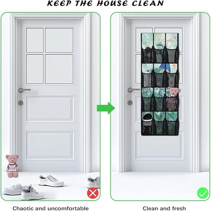 Over The Door Organizer Hanging, Behind The Door Storage, Closet Door Organizer with 12 Mesh Pockets for Bedroom,Peacock