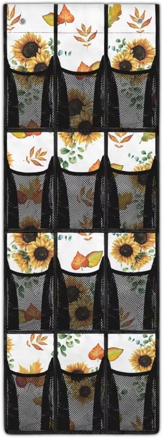 Sunflower Maple Leaf Behind Door Organizer for Dorm Room Essentials,Thanksgiving Decor Over The Door Hanging Organizer for Living Room,Large Capacity and 12 Pockets Wall Hanging Storage