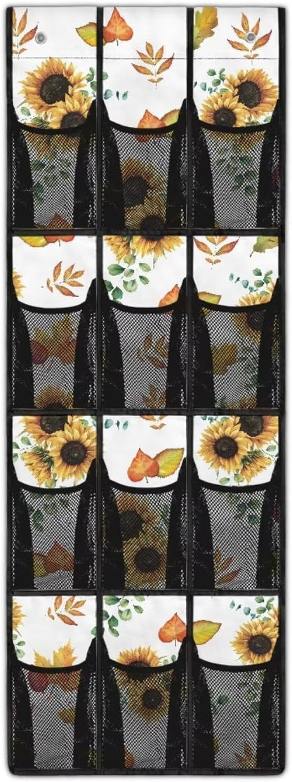 Sunflower Maple Leaf Behind Door Organizer for Dorm Room Essentials,Thanksgiving Decor Over The Door Hanging Organizer for Living Room,Large Capacity and 12 Pockets Wall Hanging Storage