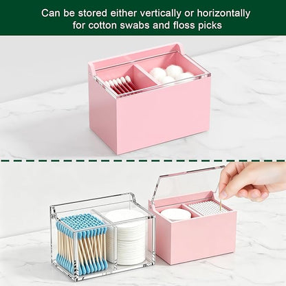 Qtip Holder Dispenser for Cotton Swabs, Balls, Pads, Floss Picks, 2 Compartments Lightpink Acrylic Container with Lid Apothecary Jar Bathroom Accessories Canister Vanity Storage Organizer