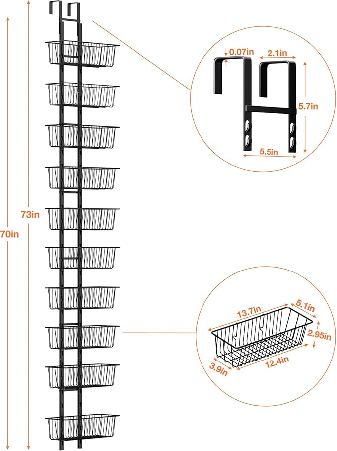 10 Tier Over the Door Pantry Organizer, Over the Door Organizer with Adjustable Baskets, Metal Hanging Door Pantry Organizers and Storage for Kitchen Bathroom Bedroom, Black