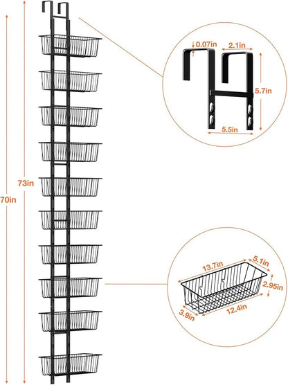 10 Tier Over the Door Pantry Organizer, Over the Door Organizer with Adjustable Baskets, Metal Hanging Door Pantry Organizers and Storage for Kitchen Bathroom Bedroom, Black