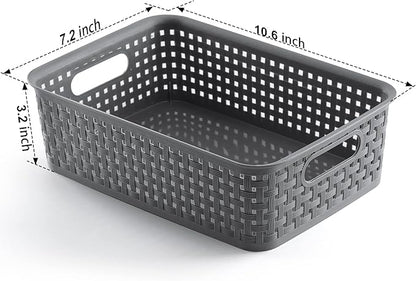 NETANY Plastic Storage Baskets - 8 Pack, Gray, Durable, Easy to Use, Flexible, Multi-Purpose, Ideal for Closets, Cabinets, Shelves, Countertops
