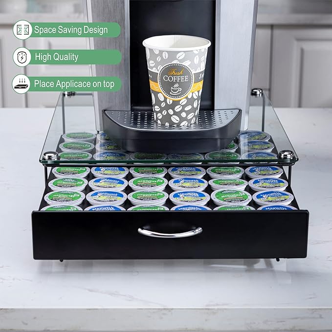 Coffee Pod Holder for Keurig Pods Glass Top Drawer,K cup Holder Capsule Display Storage compatibility 42 k-cup(Black)