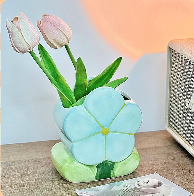 1 PC Flower Makeup Storage Box Ceramic Blossom Five Petals Pen Holder Pen Holder Desktop Storage Box (Blue)