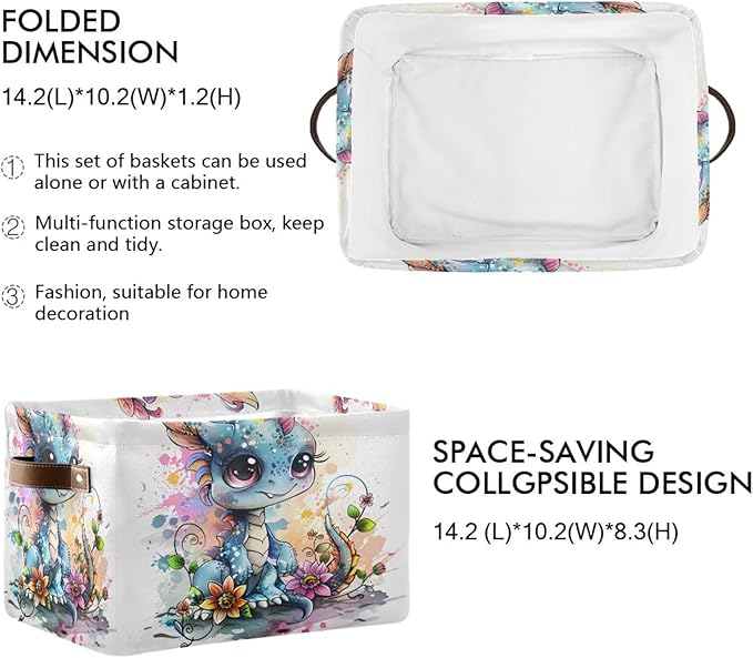 Large Storage Basket Cute Dragon Style Storage Bin Cube Canvas Fabric Organizer Handles Collapsible for Clothes Toys Bedroom Decorative