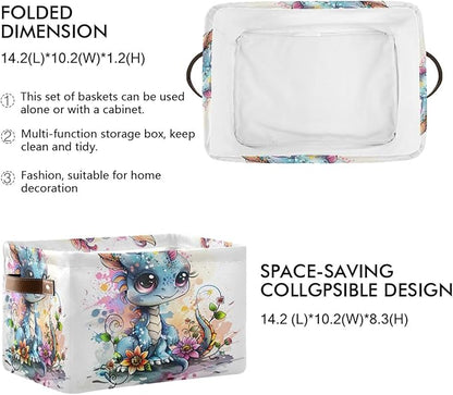 Large Storage Basket Cute Dragon Style Storage Bin Cube Canvas Fabric Organizer Handles Collapsible for Clothes Toys Bedroom Decorative