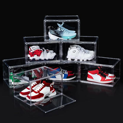 12 Pack Shoe Boxes, Acrylic Clear Shoe Boxes,360°Clear Plastic Stackable Shoe Display Box, Larger Shoe Storage Boxes, Shoe Containers, fit up to Us size 14 (Side Open)
