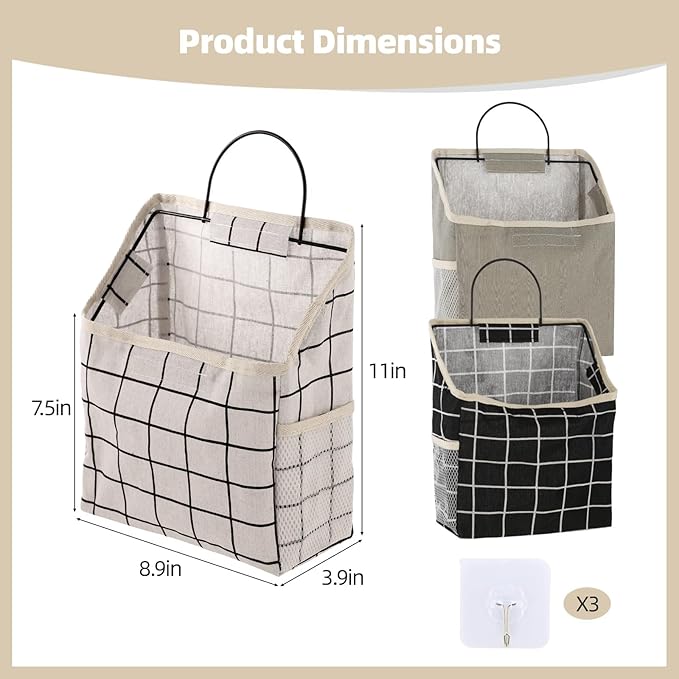OMISTAR 3 Pcs Fabric Wall Hanging Storage Caddy Bag, Small Wall Mount Bedroom Organizer, 8.9 x 3.9 x 7.5 in Organizer Storage Bag, with Adhesive Hooks, Grey Black White Plaid