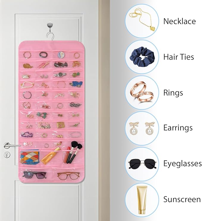 Bloss Hanging Jewelry Organizer With 90 Pockets,Earring Holder Organizer Storage For Valentine's Day Gift,Double-Sided Jewelry Holder for Earrings, Necklaces, Rings on Closet,Wall,Door(Pinck)