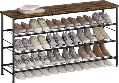 SUOERNUO Shoe Rack Organizer 4 Tier for Closet Entryway Free Standing Metal Storage Shoe Shelf with MDF Top Board (Black+Rustic Brown, Large 4 Tier)