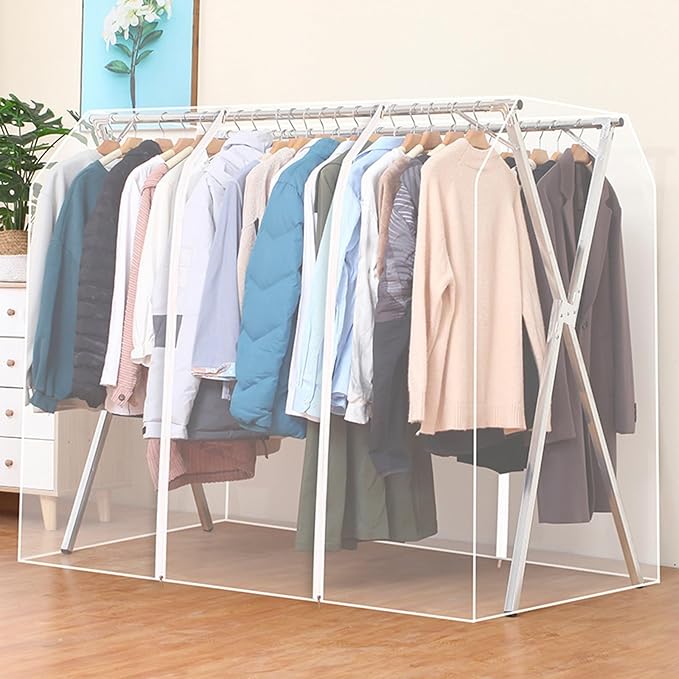 Clothes Rack Cover with Zipper, Dustproof Clothes Cover with 2 Durable Zipper Clothing Waterproof Protector, Designed for X-Type Coat Racks(Clear,180x130x95cm/71x51x37in)
