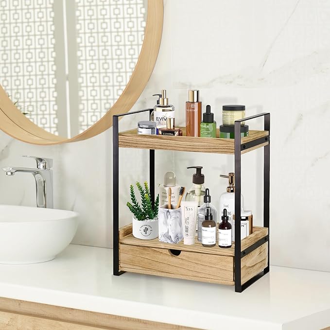 Ukonvi 2-Tier Bathroom Organizer Countertop with Drawer, Wood Counter Shelf for Storage, Vanity Tray for Organization and Decor, Countertop Organizer for Bathroom, Kitchen, Office (Brown)