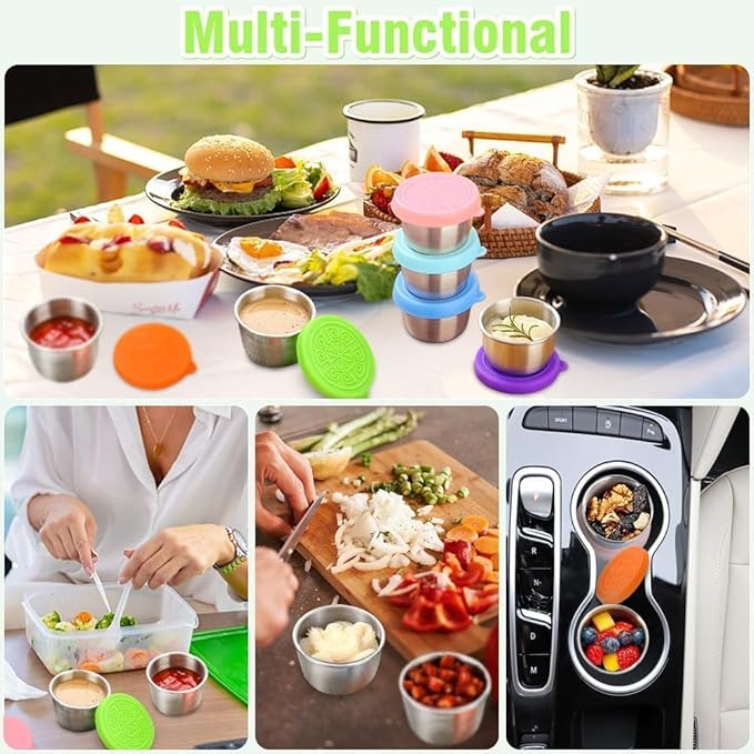 Showvigor 6-Pack 2.4oz Thickening Stainless Steel Salad Dressing Cups with Leakproof Lids | Reusable Sauce Containers for Lunch Box, Travel, Picnics & Kitchen Storage Dishwasher Safe & Eco-Friendly