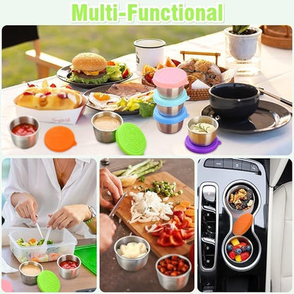 Showvigor 6-Pack 2.4oz Thickening Stainless Steel Salad Dressing Cups with Leakproof Lids | Reusable Sauce Containers for Lunch Box, Travel, Picnics & Kitchen Storage Dishwasher Safe & Eco-Friendly