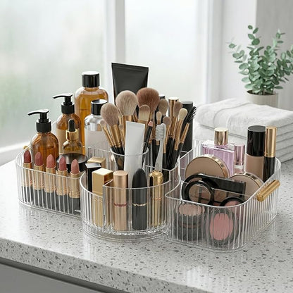 Rotating Makeup Organizer Countertop for Vanity, Cologne Organizer for Men, 360° Spinning Cosmetic Display Case with Brush Holder, Premium Handles, Acrylic Skincare Storage for Bathroom Countertop