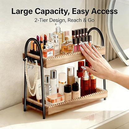 2-Tier Bathroom Countertop Organizer with 8 Hooks -Wooden Perfume & Makeup Storage Tray for Vanity Dresser, Farmhouse Skincare Organizer & Jewelry Holder for Kitchen Coffee Station