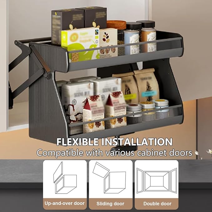 2 Tier Pull Down Shelf Pull Down Cabinet Organizer Features a Removable Washable Non-Slip Mat and Ample Storage Capacity Ideal for Kitchens and Bathrooms 450x250x440mm/17.7x9.8x17.3in