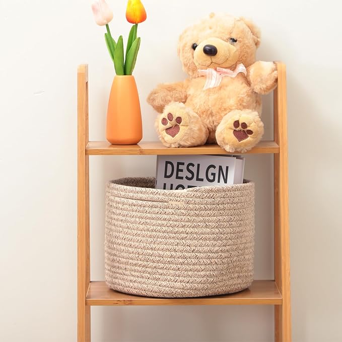 MiniArk Small Basket for Organizing | Cube Shelf Closet Storage Baskets | 9.7×9.7×7.1” | Woven Rope Gift Basket | Nursery | Round 3 Packs Mixed Brown
