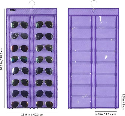 Dual Sided Hanging Sunglasses Organizer Wall Eyeglass Holder Sunglass Rack for Home with 32 Dust Proof Pockets (32 Pockets-Purple)