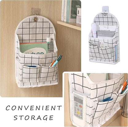 FuninCrea Wall Hanging Storage Bag, Black and White Checkered Linen Organizer Wall Mounted Punch-Free Over The Door Storage Pouch with 6 Storage Pockets and 1 Hanging Hook (White)