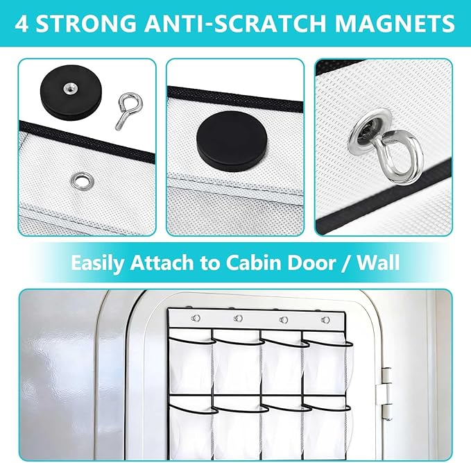 Esoes Cruise Ship Magnetic Door Organizer, 24 Pockets Magnetic Behind the Door Shoe Rack-4 Strong Anti-Scratch Magnets, Over the Door Organizer Cruise Essentials Storage for Cruise Cabin Travel