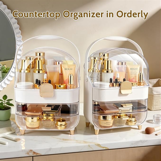 Makeup Organizer with Drawers-Cosmetic Display Case for Vanity-Skincare Organizer with 360 Rotating Brush Holder,Large Storage Box Dresser for Women Gifts, Bathroom Countertop,Gold