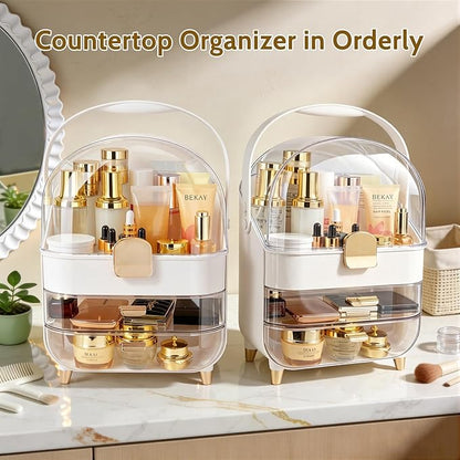 Makeup Organizer with Drawers-Cosmetic Display Case for Vanity-Skincare Organizer with 360 Rotating Brush Holder,Large Storage Box Dresser for Women Gifts, Bathroom Countertop,Gold