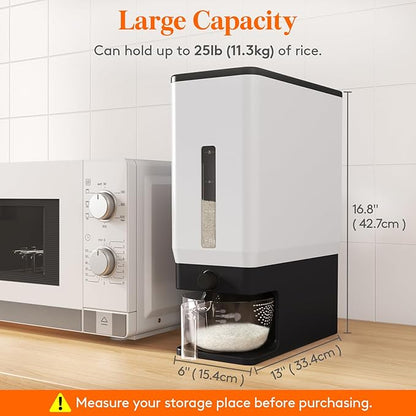Lifewit Rice Dispenser 25 Lbs(11.3kg), Rice Storage Container Sealed Moisture Proof with Measuring Cup for Kitchen Pantry Household, BPA-Free, 1 Pack Black