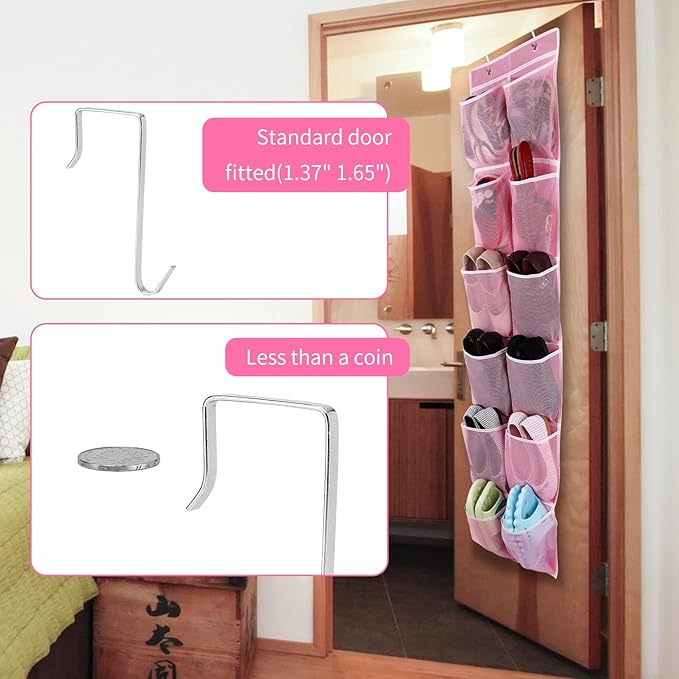 GOMAJI Over the Door 12 Pocket Hanging Shoe Organizer, Pink