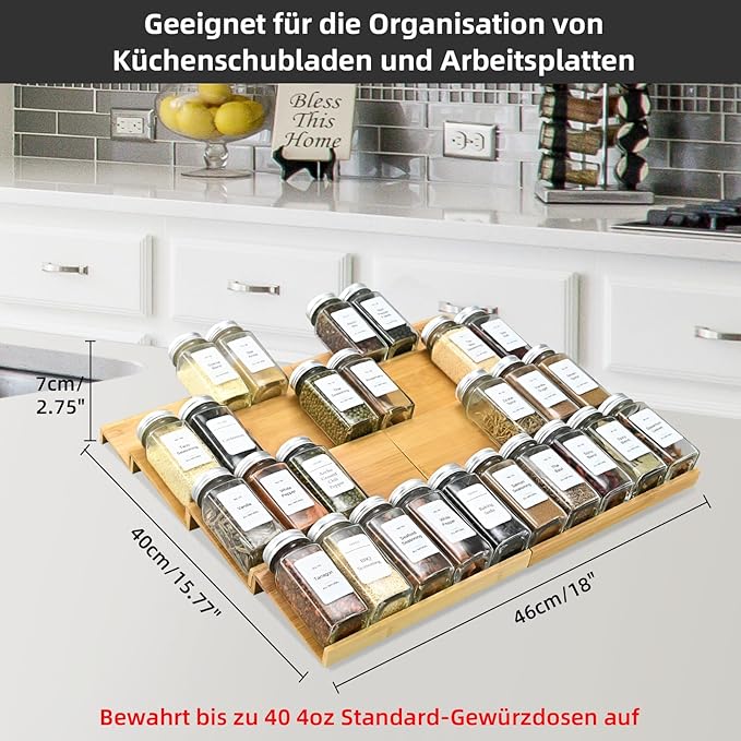 Spice Drawer Organzier,4 Tiers- 8Pcs Bamboo Spice Rack Tray Insert for Cabinet Drawer Countertop, Kitchen Seasoning Storage Drawer Organization,18" Wide x 15.8" Deep （Hold UP To 40 Jars
