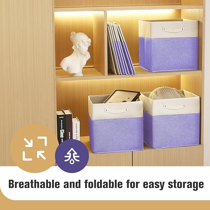 FinishingBo 13 x 13 Inch Fine Linen Storage Bins with Handles，Fabric Cube Boxs，Basket Organizers for Shelves for Home, Closet Drawers (White/Purple-6 Pack)