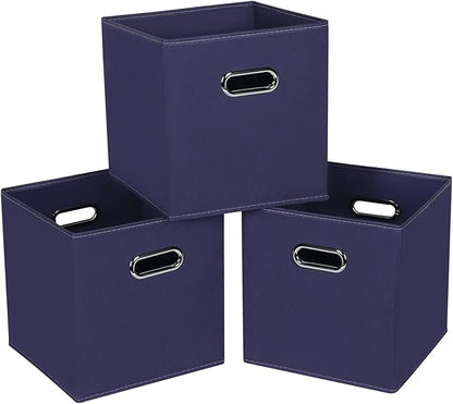 Fabric Cloth Storage Bins,Fabric Cube Bins Organizer with Dual Handles Foldable Cube Storage Baskets for Home Bedroom Storage,Set of 3,(Navy Blue)