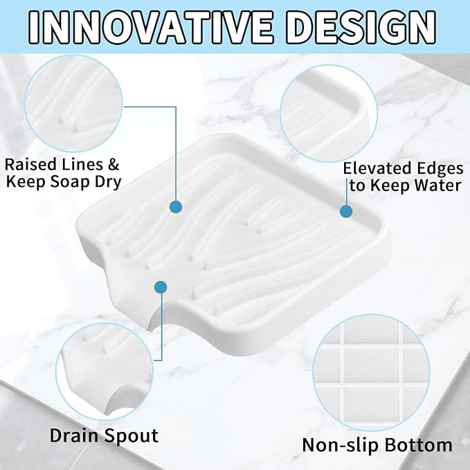 2 Pack Silicone Soap Dish with Drain, Self Draining Bar Soap Holder for Shower, Silicone Dish Soap Tray, Bathroom and Kitchen Sink Organizer, White