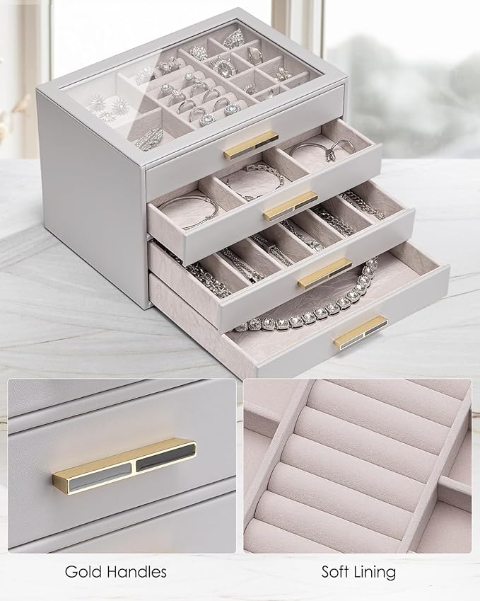 VLANDO 4 Layer Jewelry Box for Women, Glass Lid Jewelry Organizer with 4 Drawers for Necklaces Rings Earrings Bracelets - Grey